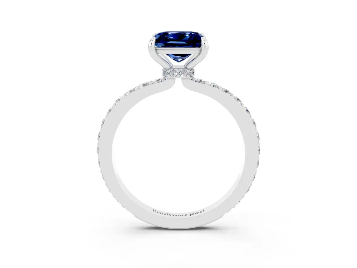 Princess Cut Blue Sapphire Solitaire Engagement Ring with Pavé Band and Four-Prong Setting White gold