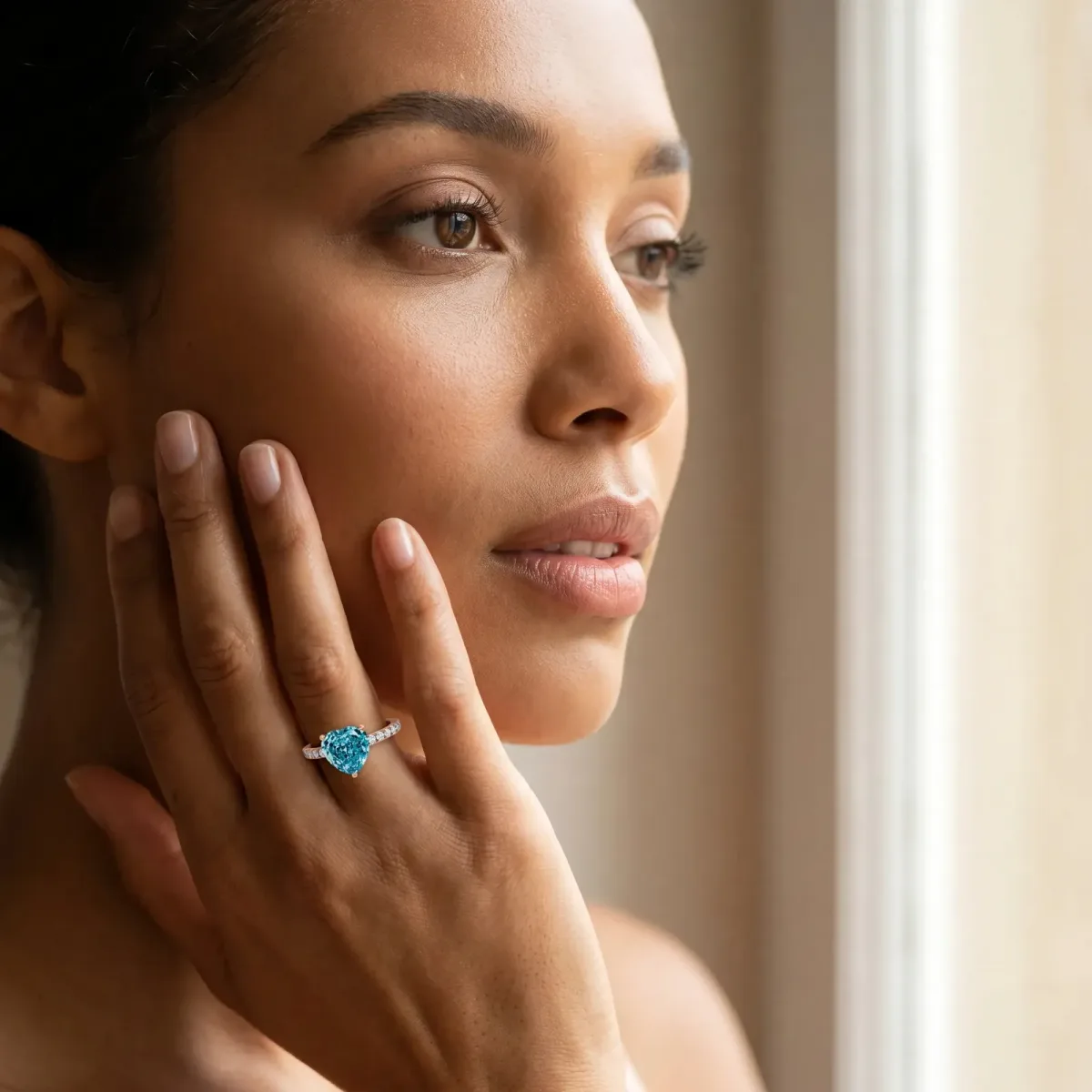 Heart Cut Blue Topaz Solitaire Ring with Round Pavé Band and Four-Prong Setting Rose gold
