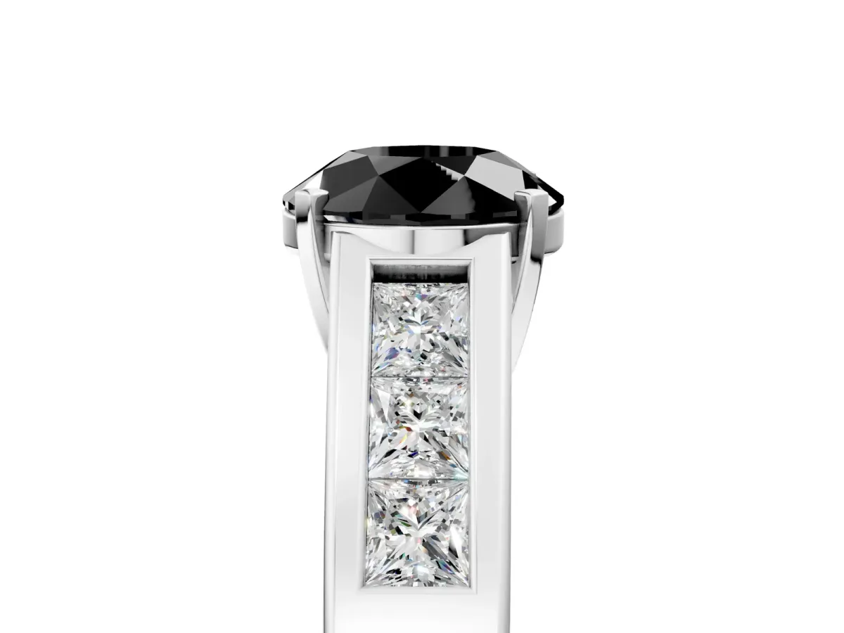 Fancy Black Round Cut Cut Channel Set Solitaire Ring with Four-Prong Setting Platinum