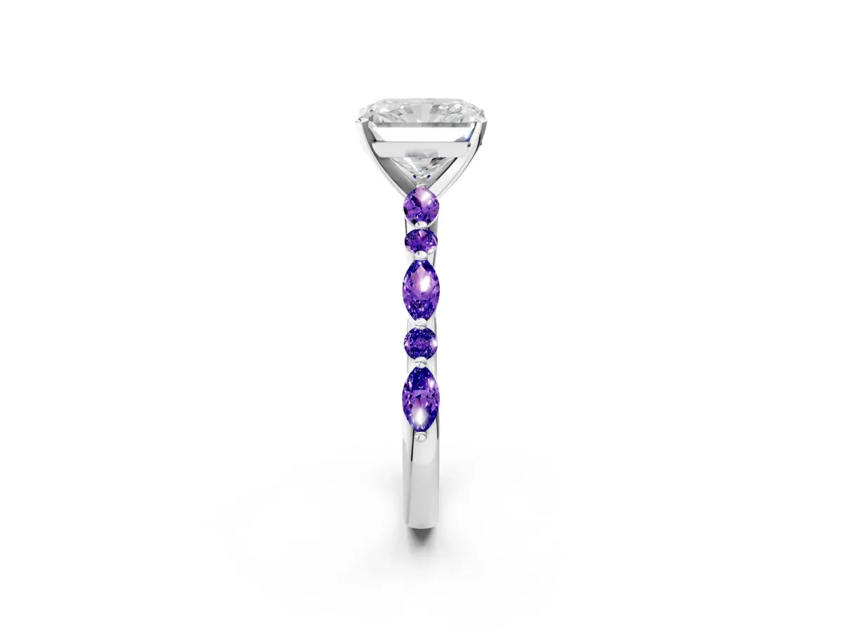 Radiant Cut Diamond Ring with Marquise and Round Tanzanite Side Stones and Four-Prong Setting White gold