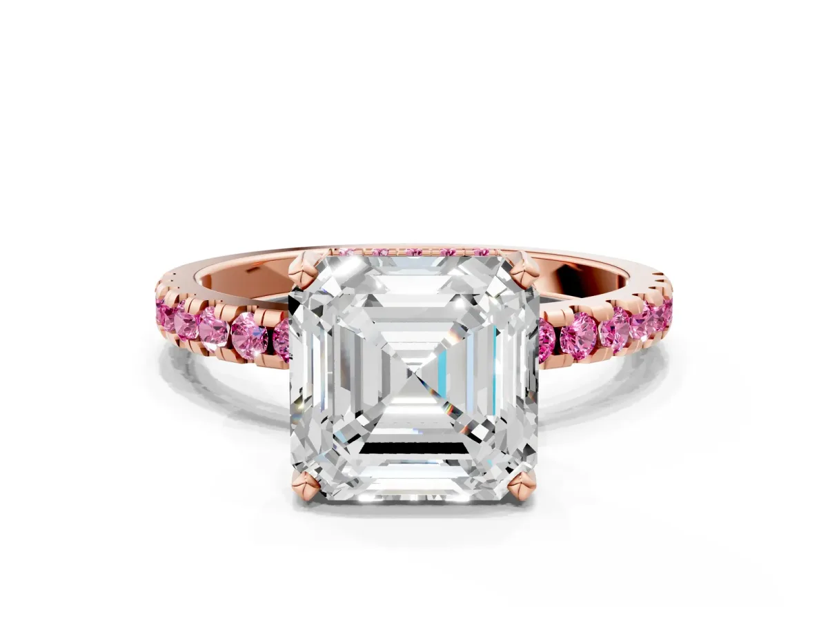 Asscher Cut Diamond Solitaire Ring with Round Pink Sapphire Pavé Band and Four-Prong Setting Rose gold