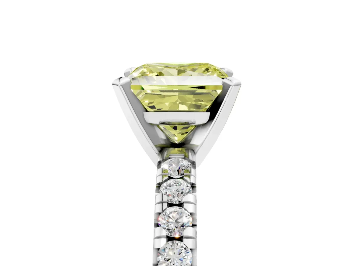 Fancy Yellow Princess Cut Diamond Solitaire Pavé Engagement Ring with Round Band and Prong Setting White gold