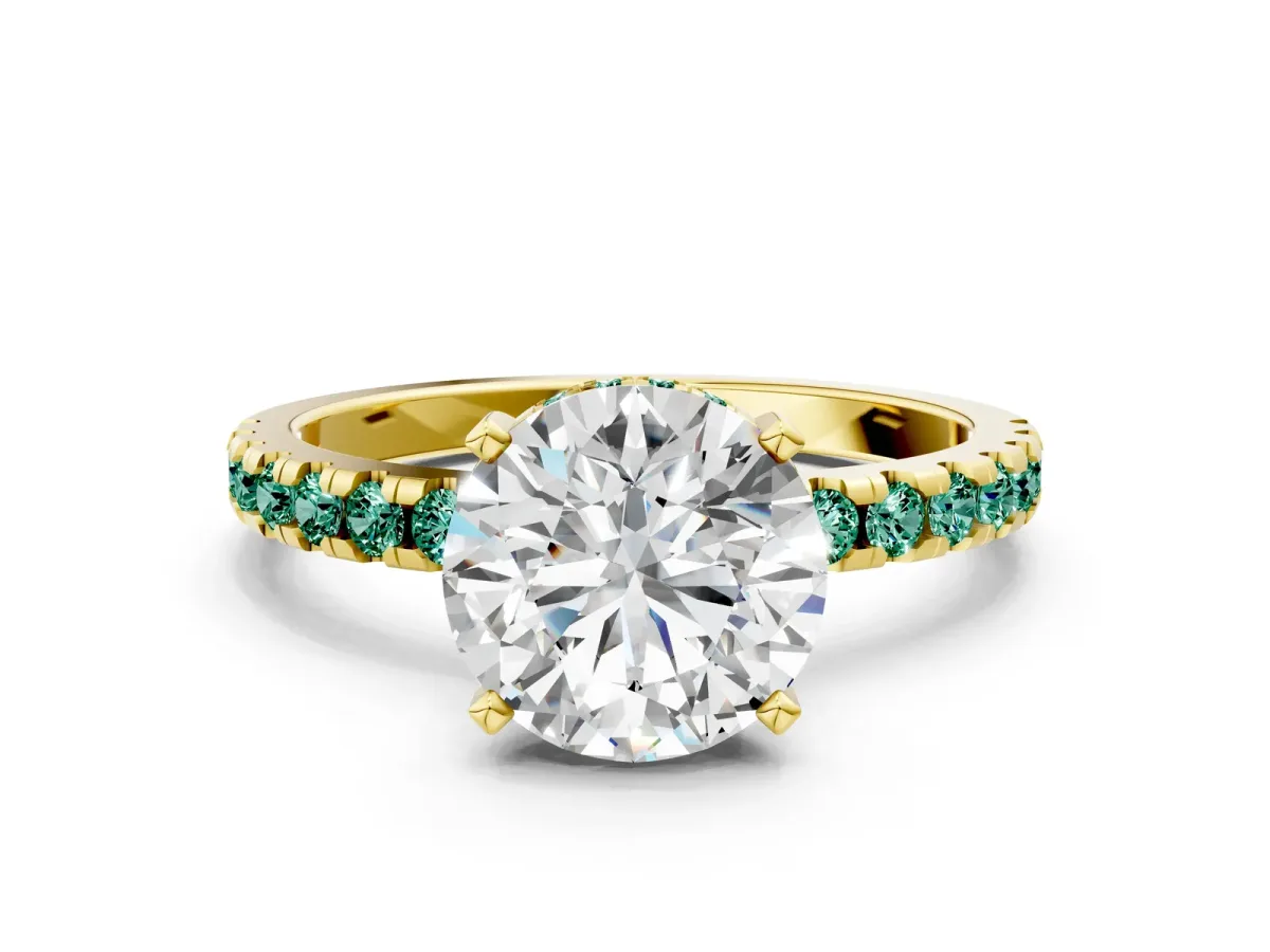 Round Cut Diamond Solitaire Ring with Round Green Sapphire Pavé Band and Four-Prong Setting Yellow gold