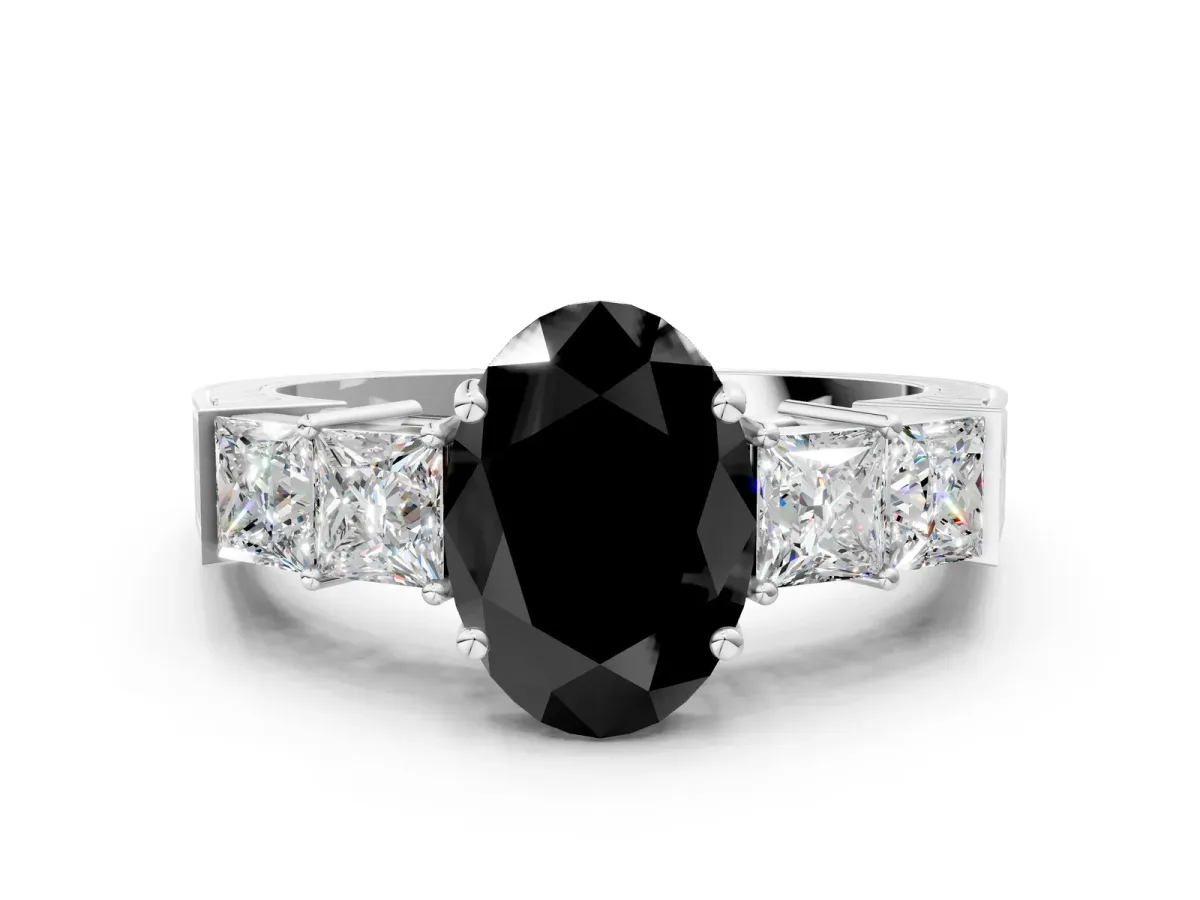 Fancy Black Oval Cut Solitaire Princess Side Stone Engraved Band Prong Setting Ring Silver