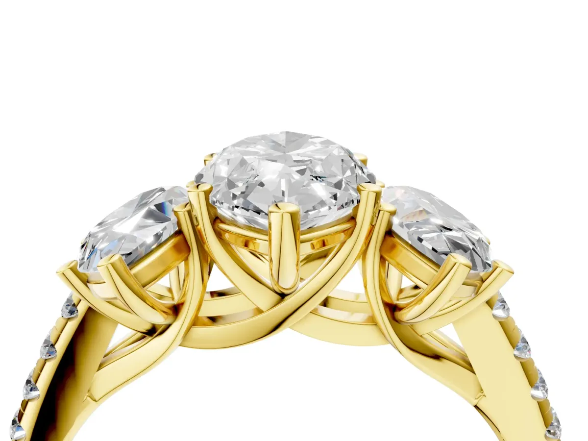 Fancy Green Three-Stone Marquise Cut Diamond Ring with Round Pavé Band and Prong Setting Yellow gold
