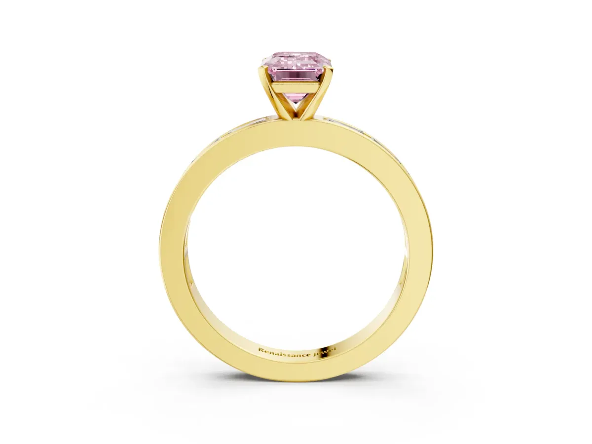 Fancy Pink Emerald Cut Solitaire Diamond Ring with Channel-Set Baguette Band and Four-Prong Setting Yellow gold