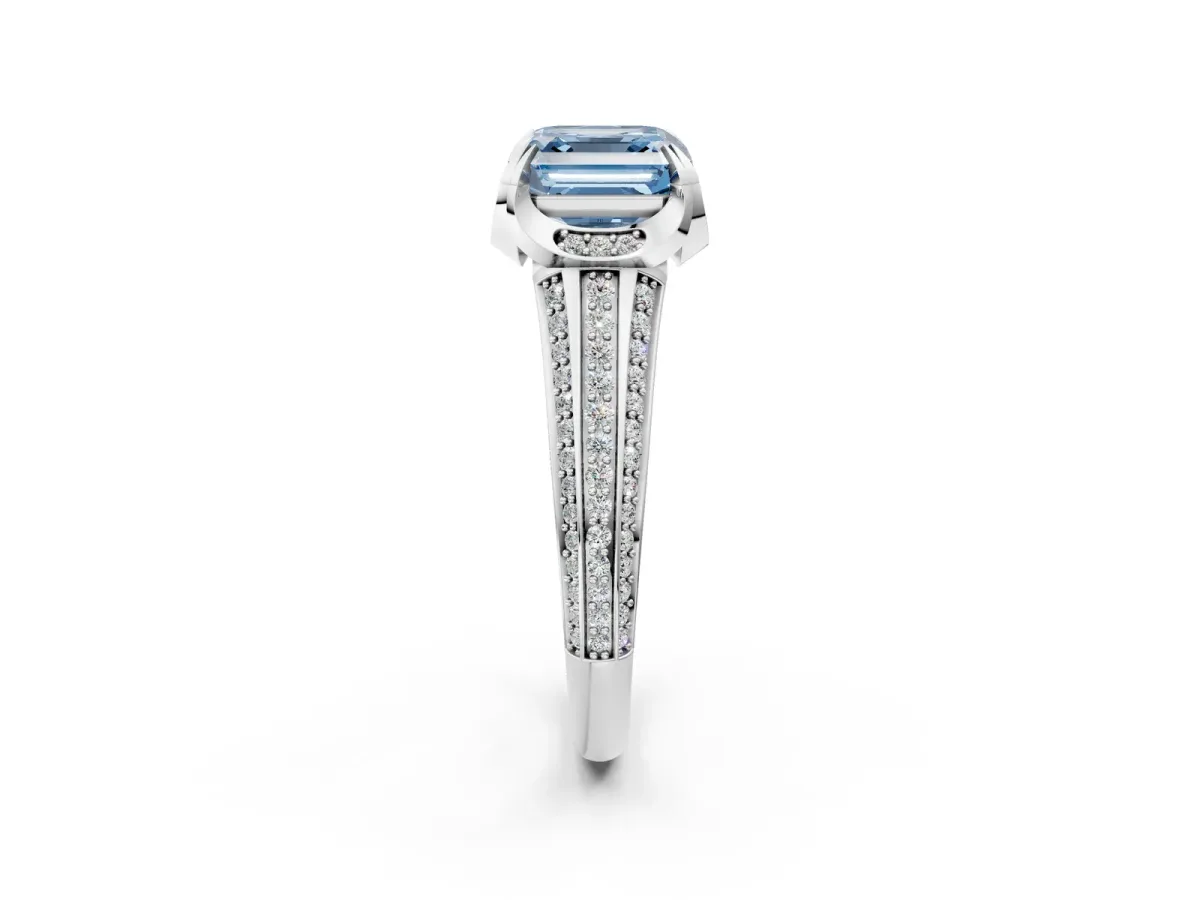 Fancy Blue Asscher Cut Solitaire Pave Split Shank Ring with Four-Prong Setting Platinum