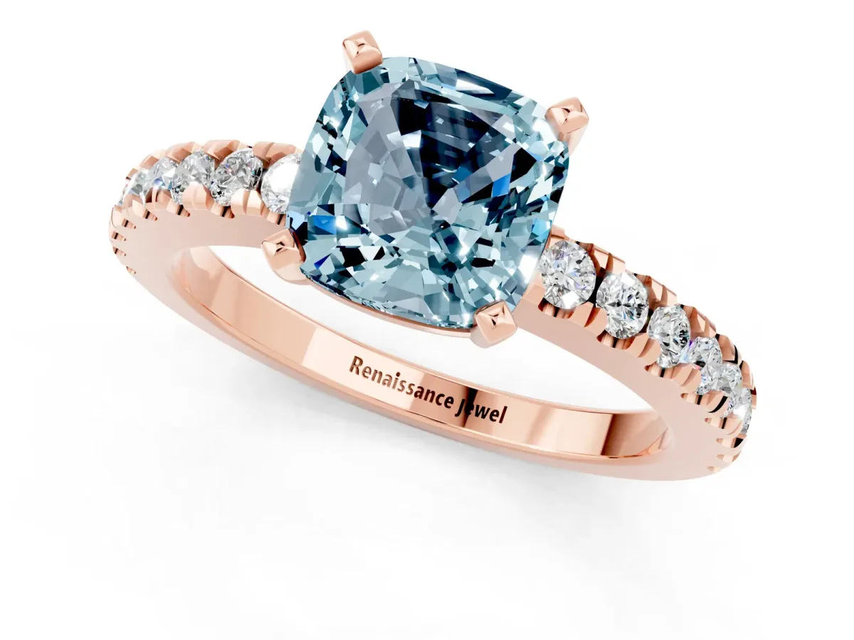 Cushion Cut Solitaire Aquamarine with Pavé Band and Four-Prong Setting Rose gold