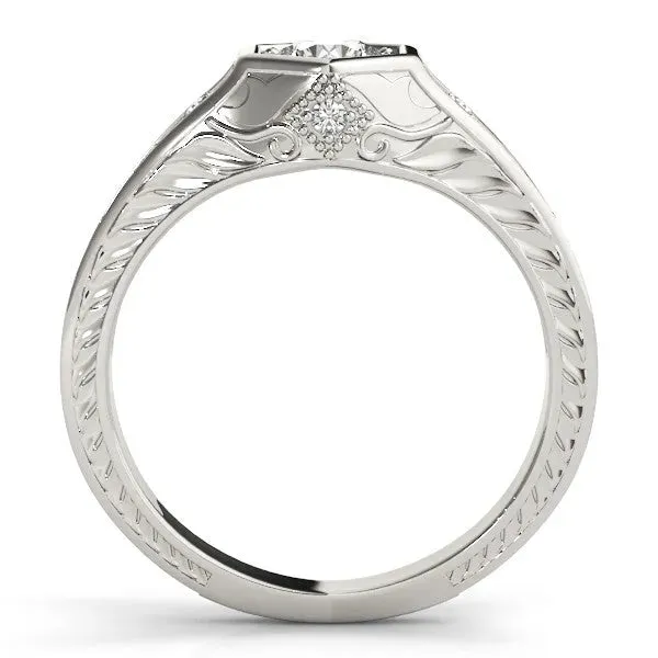 Hexagonal Bezel Round Cut Diamond Engraved Band Prong Ring Platinum