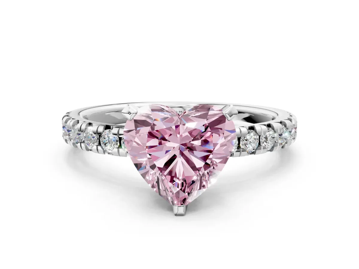 Fancy Pink Heart Cut Diamond Solitaire Pavé Engagement Ring with Round Band and Prong Setting White gold