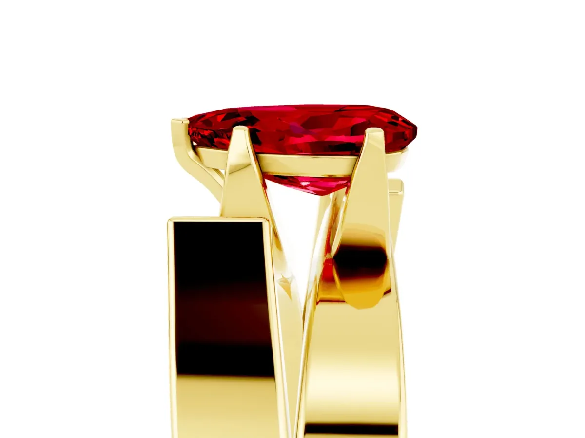 Modern Tension Set Pear Cut Ruby Solitaire Wide Band Ring Yellow gold