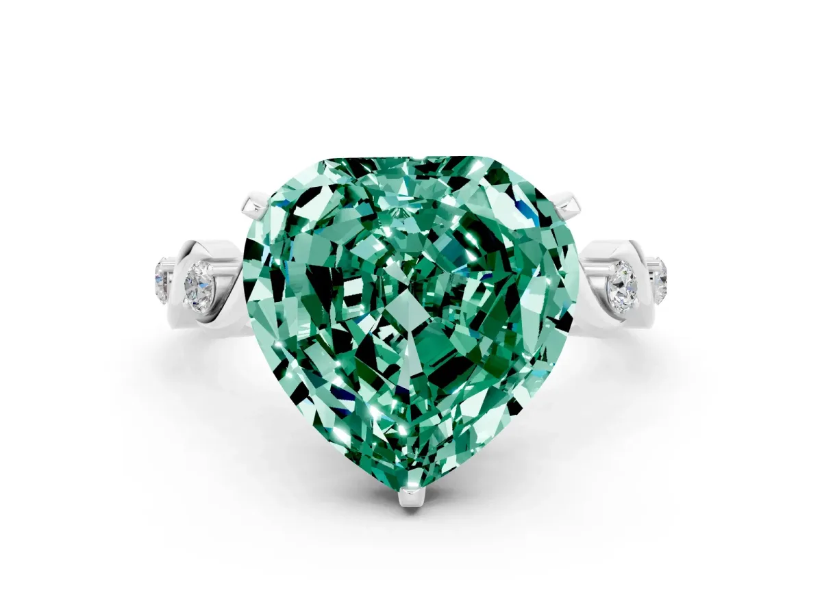 Heart Cut Green Sapphire Solitaire Twisted Band with Round Accents and Prong Setting Platinum