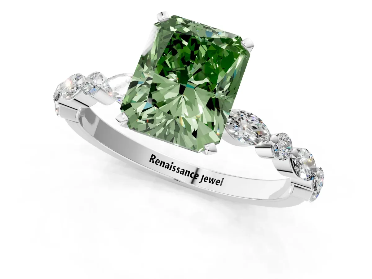 Fancy Green Radiant Cut Diamond Ring with Marquise and Round Side Stones and Four-Prong Setting White gold