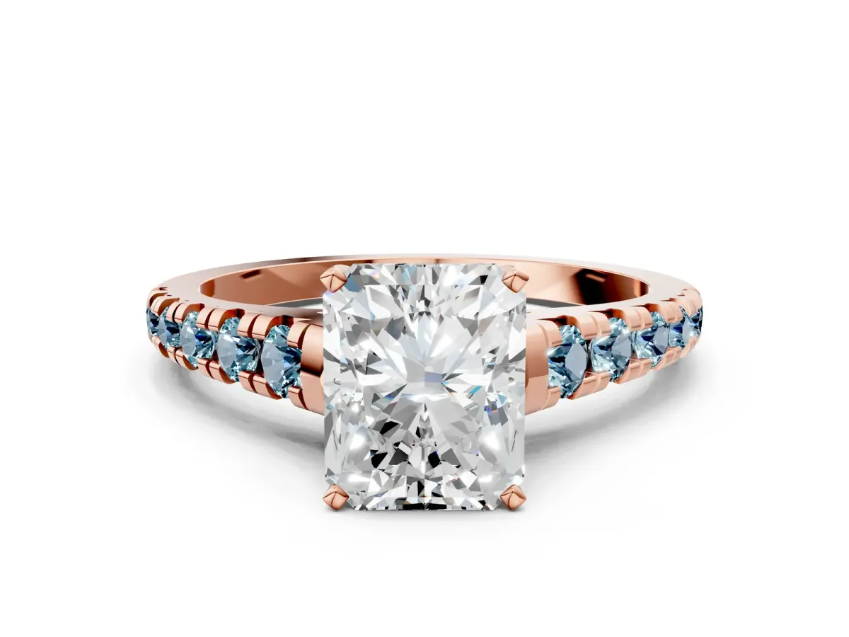 Radiant Cut Diamond Cathedral Solitaire Ring with Round Aquamarine Pavé Band Rose gold