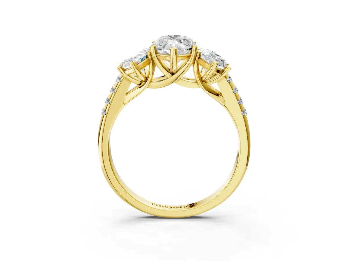 Three-Stone Marquise Cut Diamond Ring with Round Moissanite Pavé Band and Prong Setting Yellow gold