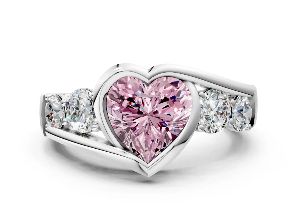 Fancy Pink Bezel Set Heart Cut Diamond Bypass Ring with Round Accents Silver