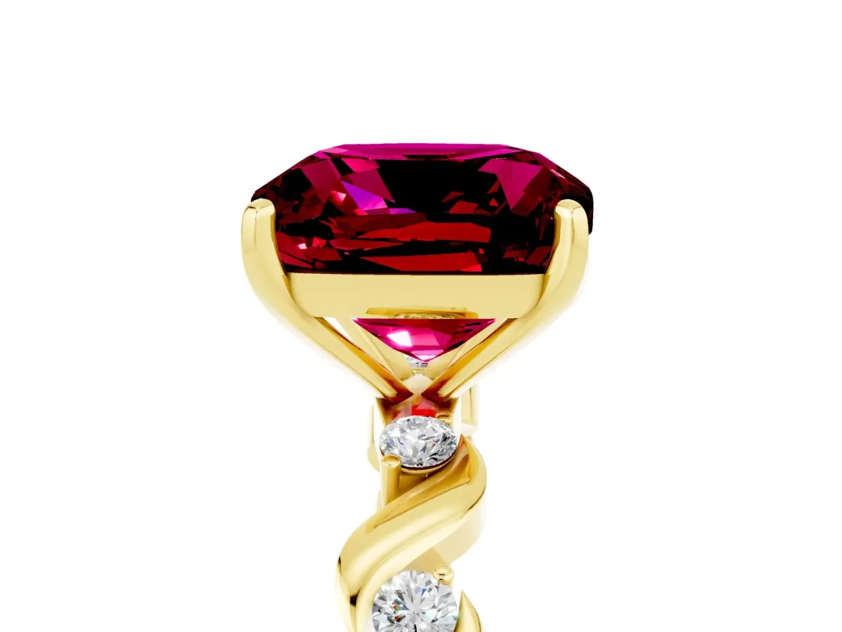 Cushion Cut Garnet Solitaire Twisted Band with Round Accents and Prong Setting Yellow gold