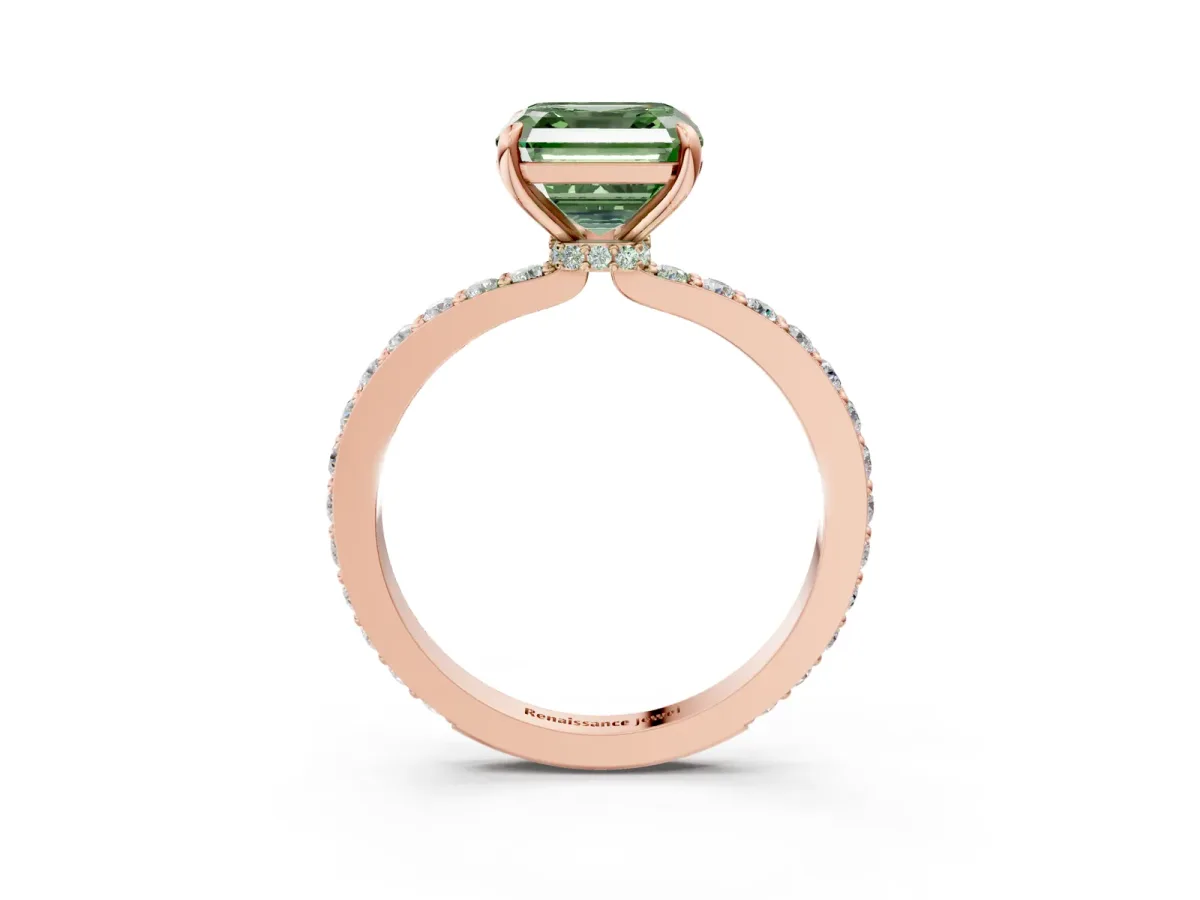 Fancy Green Asscher Cut Diamond Solitaire Engagement Ring with Pavé Band and Four-Prong Setting Rose gold