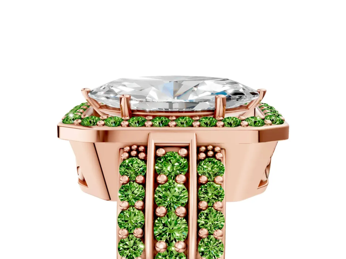 Marquise Cut Halo Diamond Ring with Round Peridot Split Shank and Prong Setting Rose gold