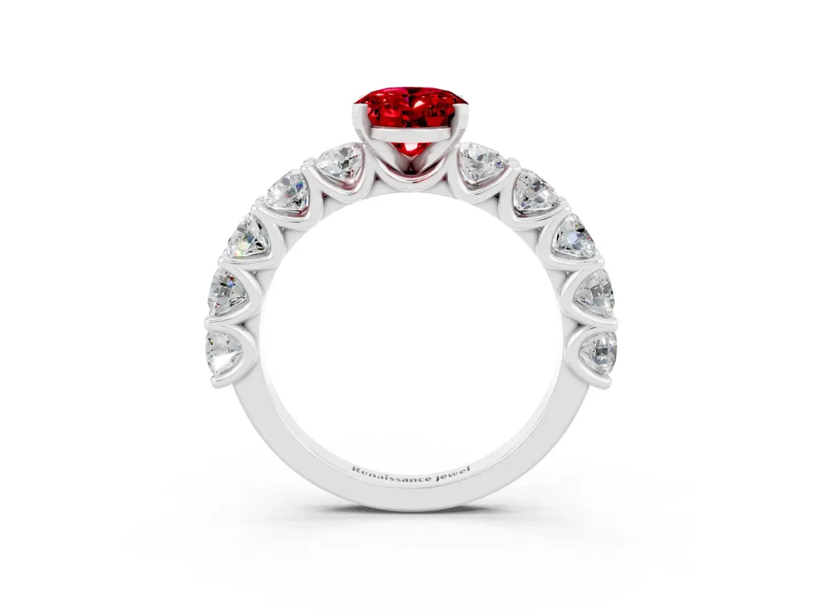 Oval Cut Ruby Prong Setting with Side Stones on a Pave Band Silver