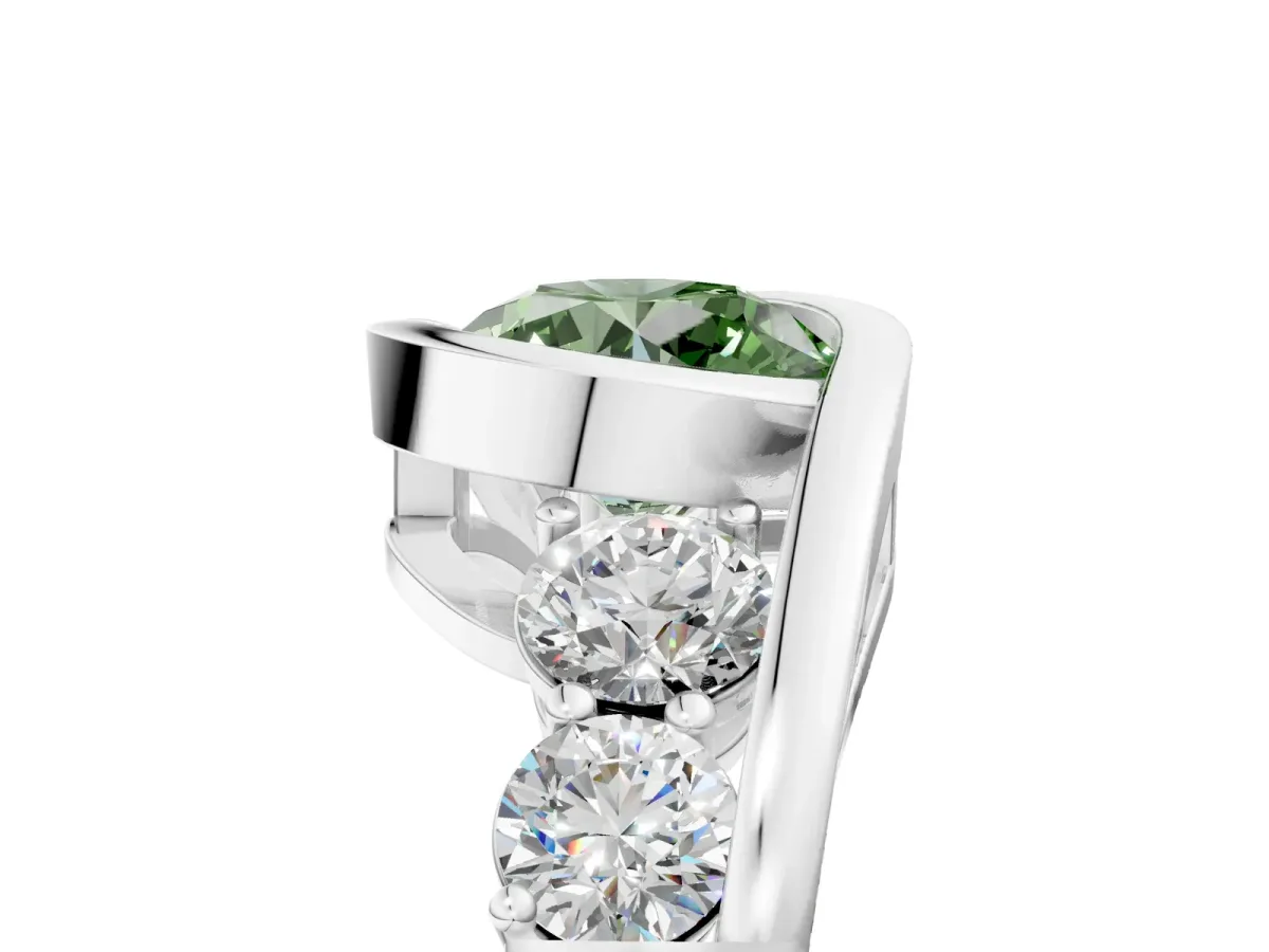 Fancy Green Bezel Set Round Cut Diamond Bypass Ring with Round Accents Platinum