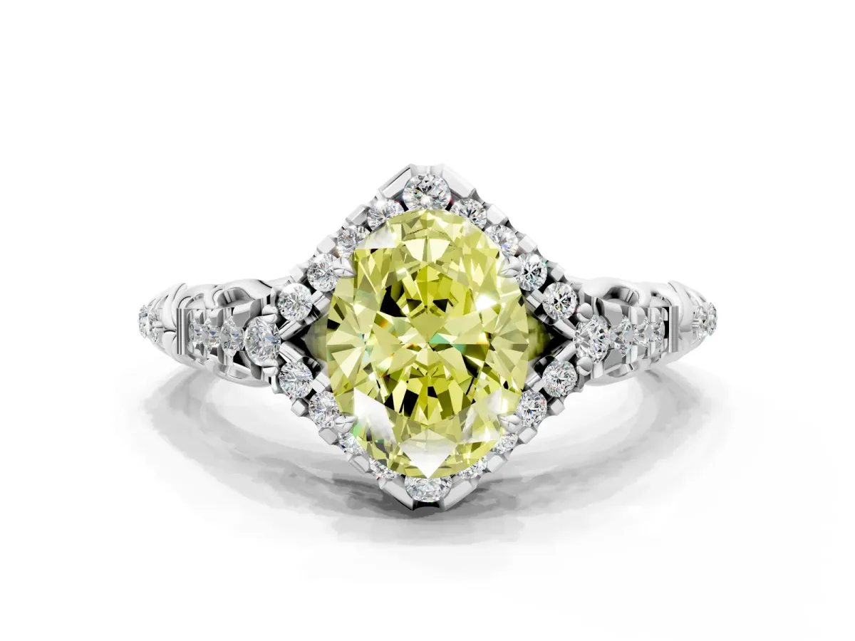 Fancy Yellow Oval Cut Diamond Solitaire Ring with Hidden Halo and Pavé Band White gold