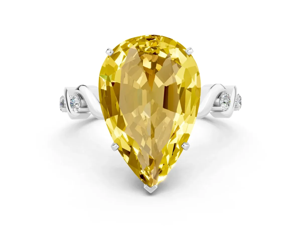 Pear Cut Yellow Sapphire Solitaire Twisted Band with Round Accents and Prong Setting White gold