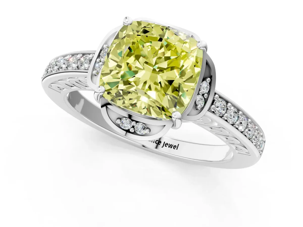 Fancy Yellow Cushion Cut Cut Halo Diamond Ring with Channel Set Band and Four-Prong Setting White gold