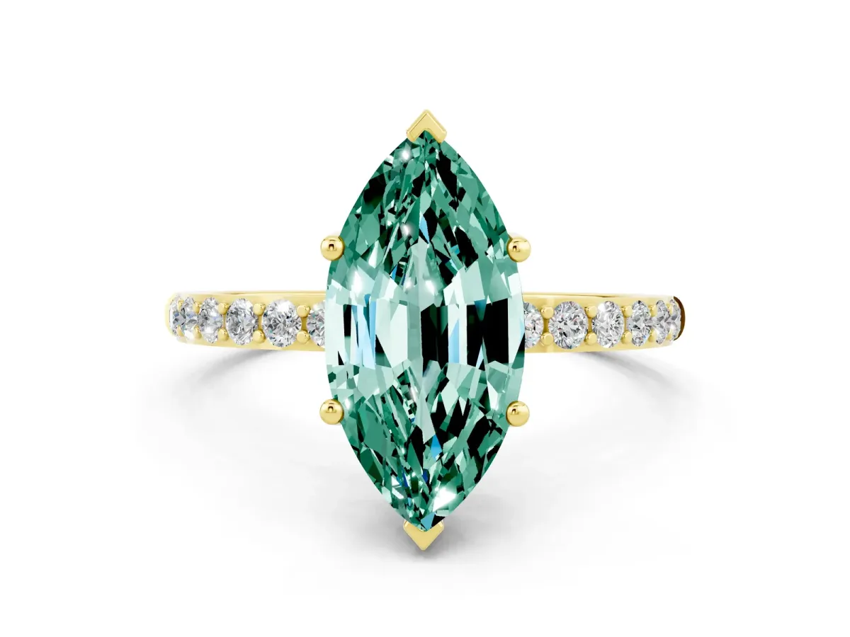 Marquise Cut Green Sapphire Solitaire Ring with Round Pavé Band and Prong Setting Yellow gold