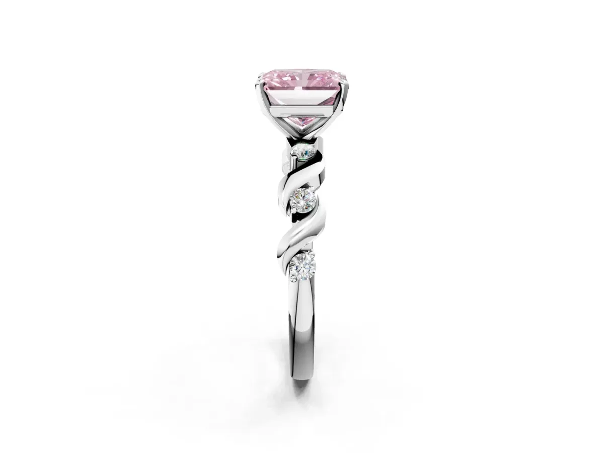 Fancy Pink Radiant Cut Diamond Solitaire Twisted Band with Round Accents and Prong Setting White gold