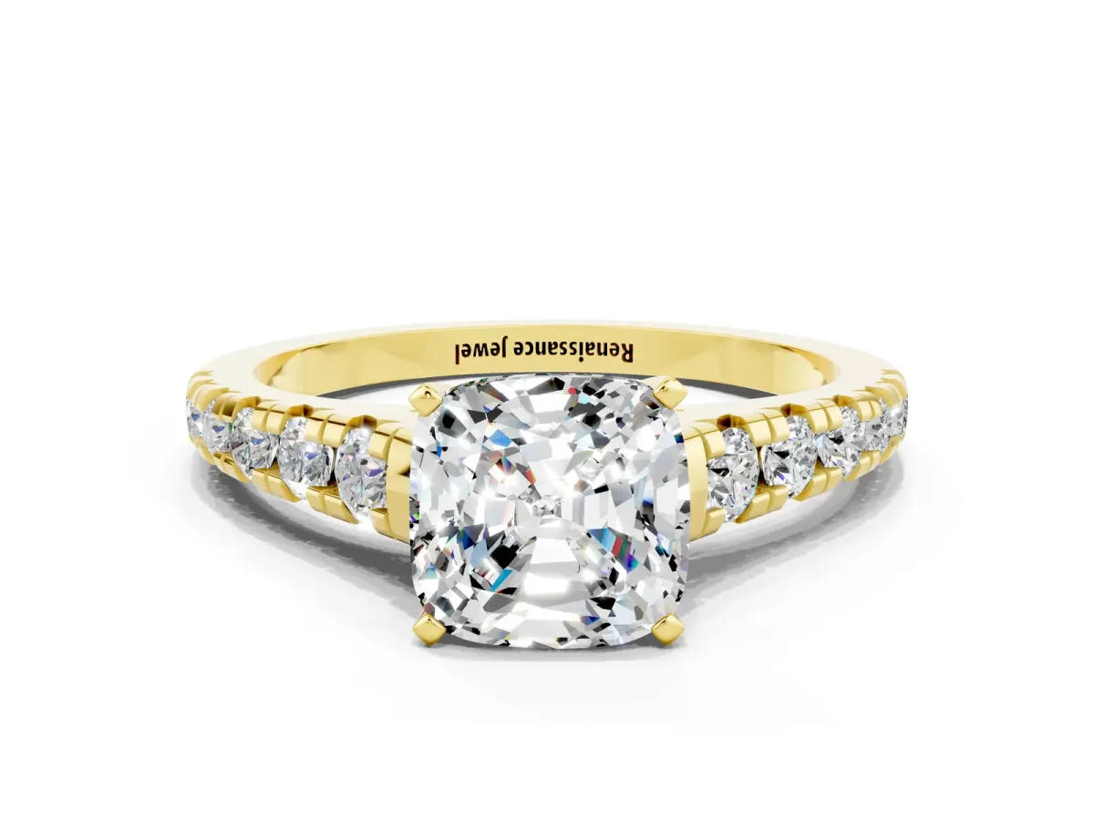 Cushion Cut Moissanite Cathedral Solitaire Ring with Round Pavé Band Yellow gold