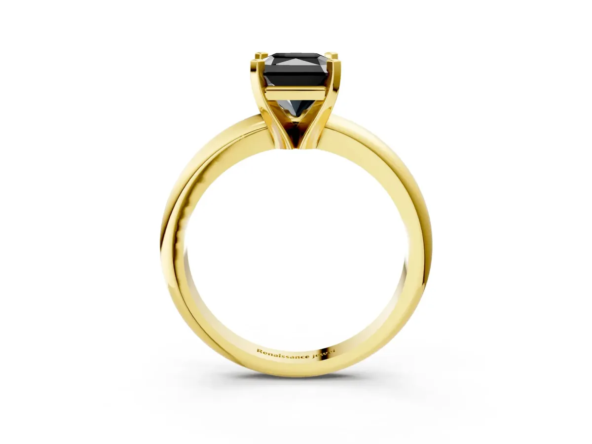 Fancy Black Radiant Cut Diamond Solitaire Engagement Ring with Round Band and Four-Prong Setting Yellow gold