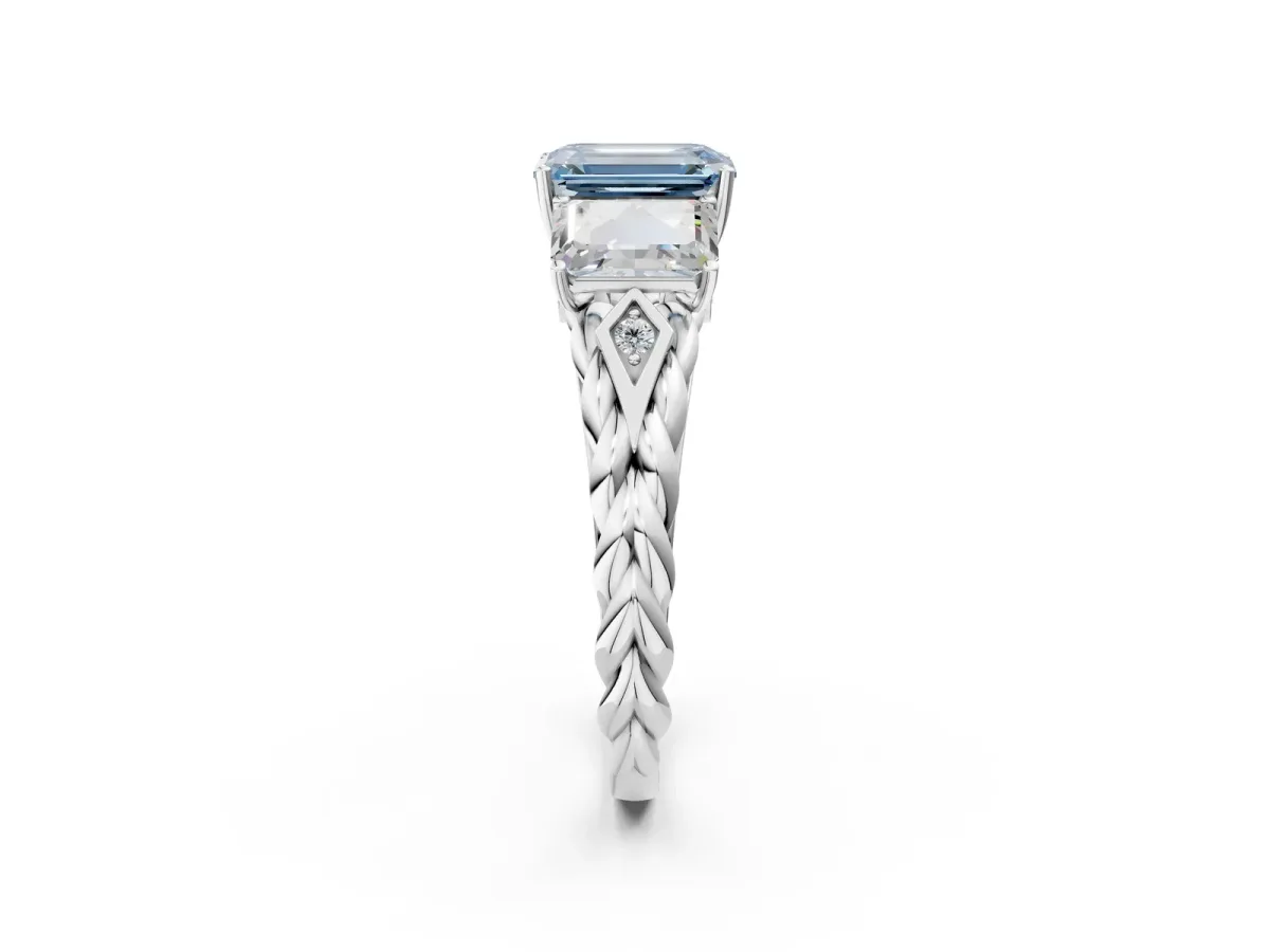 Fancy Blue Three-Stone Emerald Cut Diamond Braided Band Ring with Four-Prong Setting Silver