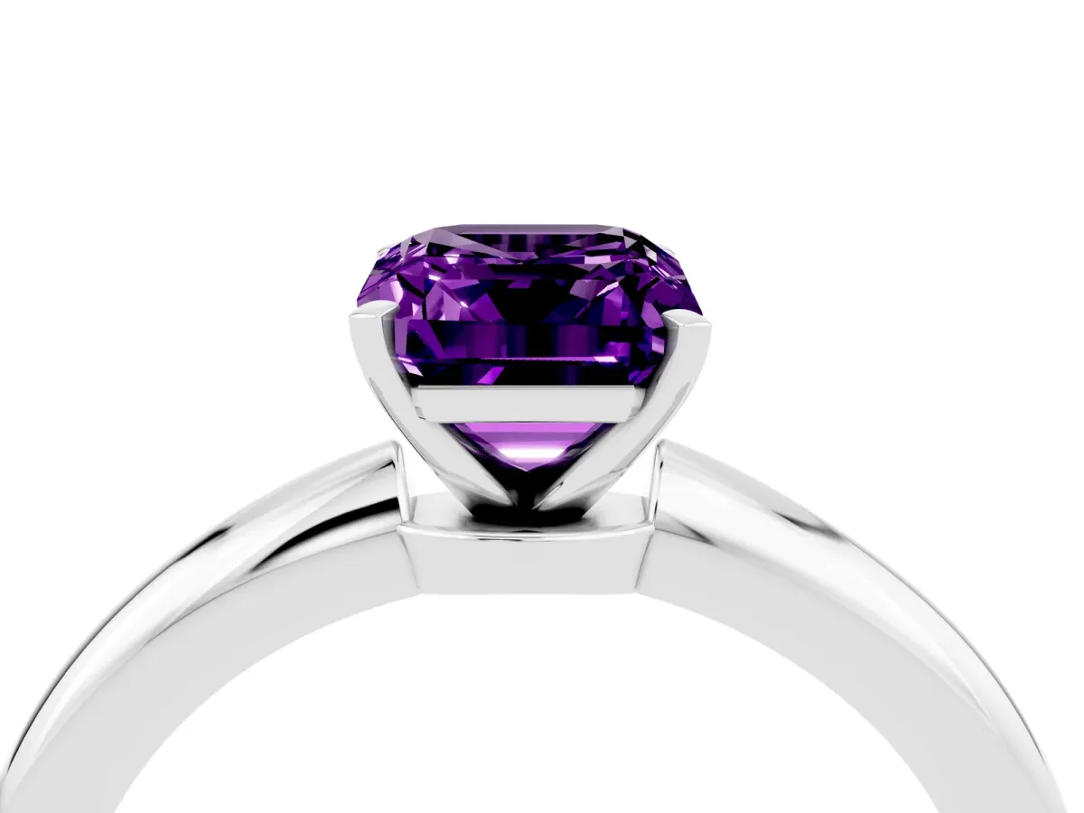 Emerald Cut Amethyst Solitaire Ring with Six-Prong Setting and Classic Band White gold