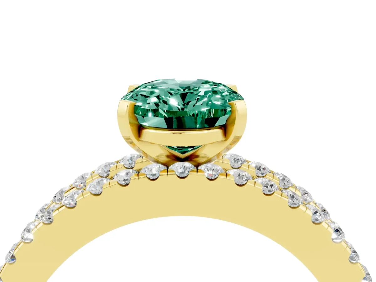 Oval Cut Green Sapphire Solitaire Ring with Pavé and Channel Set Band Yellow gold