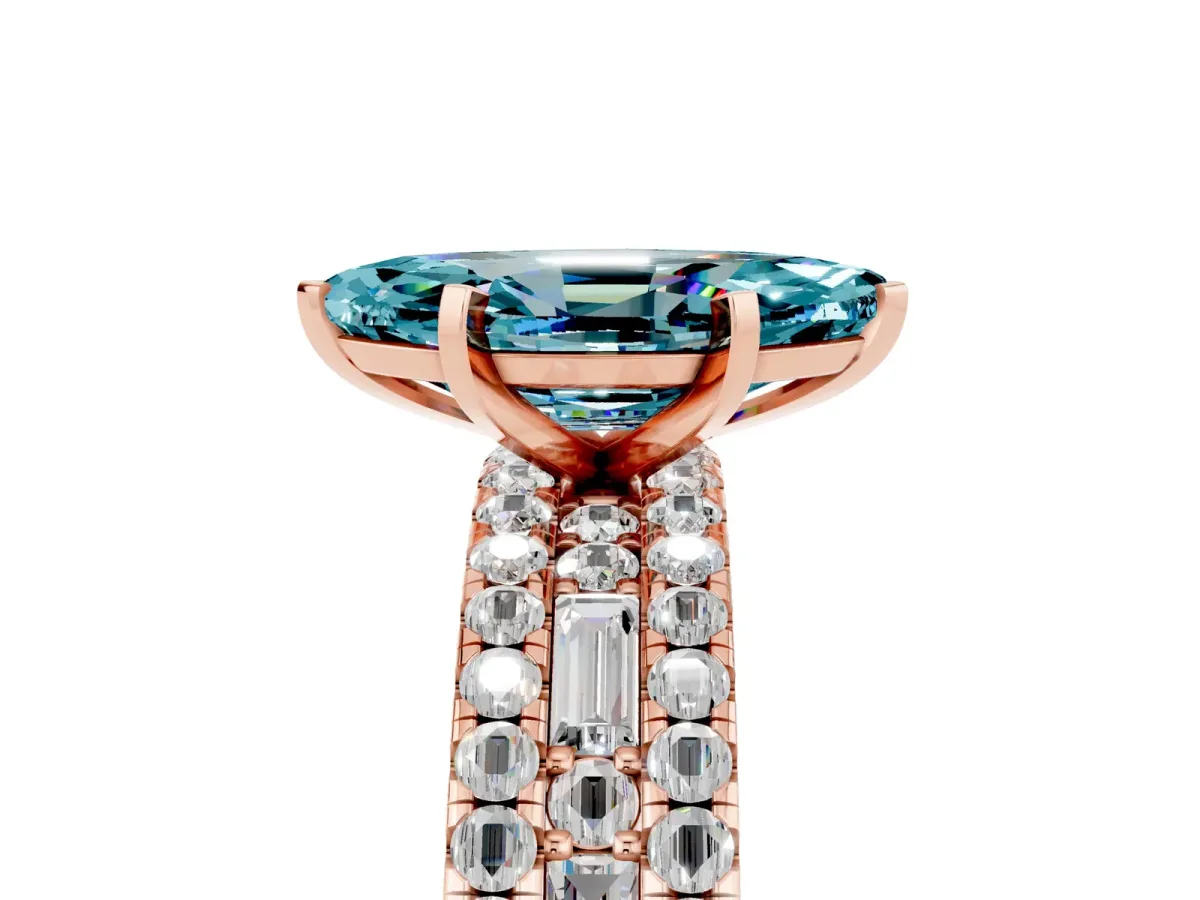 Marquise Cut Blue Topaz Solitaire Ring with Pavé and Channel Set Band Rose gold