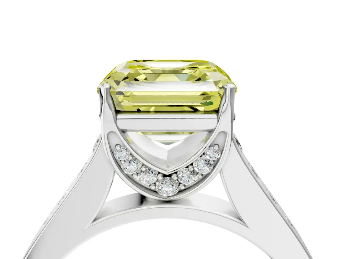 Fancy Yellow Asscher Cut Brilliant Cut Diamond Engagement Ring with Pavé Band and Four-Prong Setting Platinum