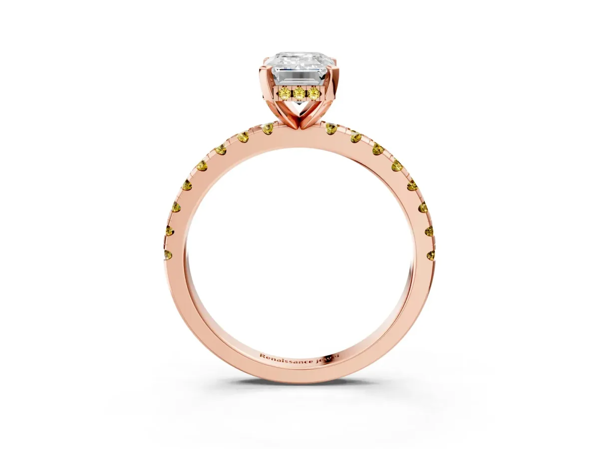 Emerald Cut Diamond Solitaire Ring with Round Yellow Sapphire Pavé Band and Four-Prong Setting Rose gold