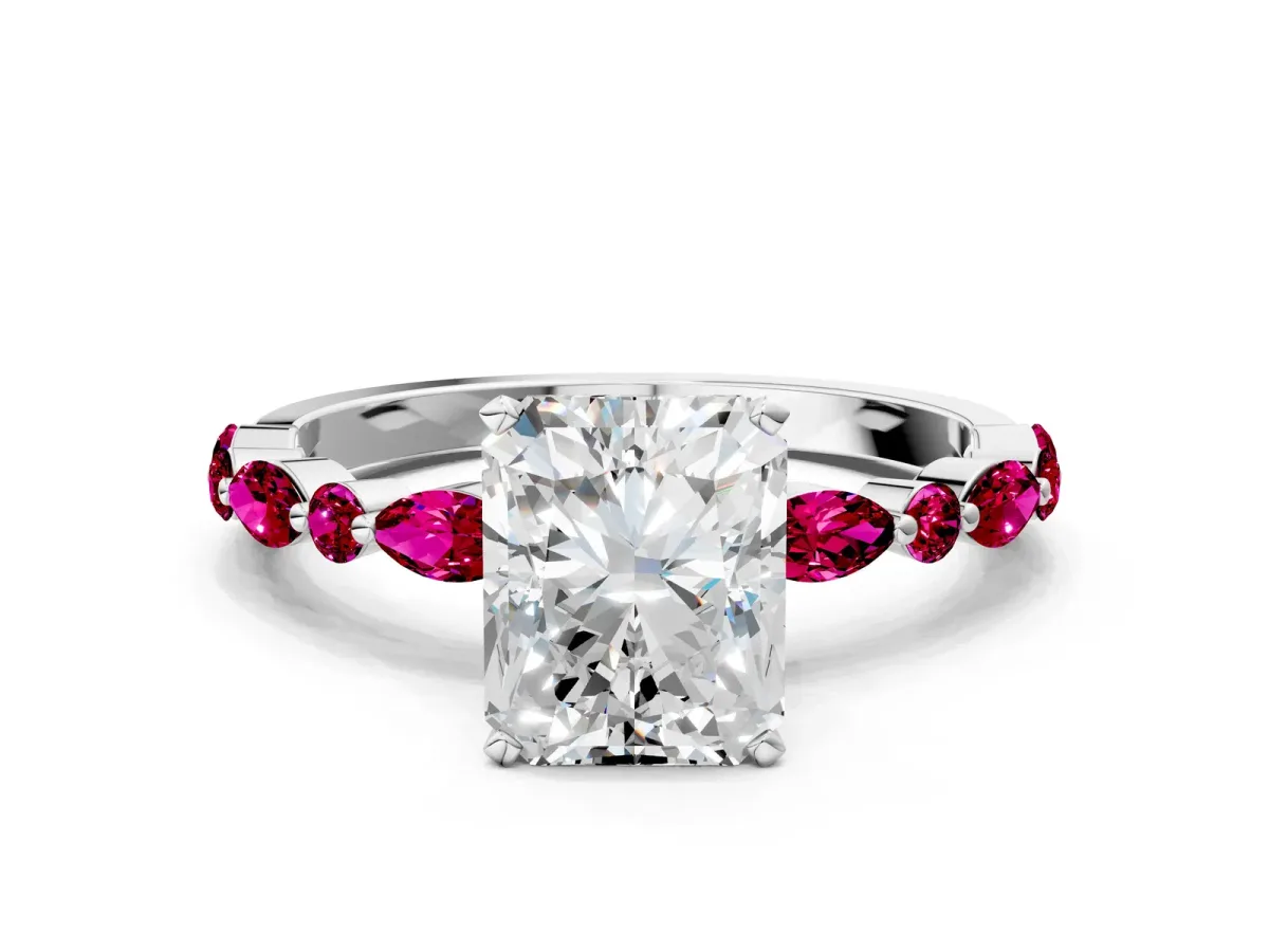 Radiant Cut Diamond Ring with Marquise and Round Garnet Side Stones and Four-Prong Setting White gold