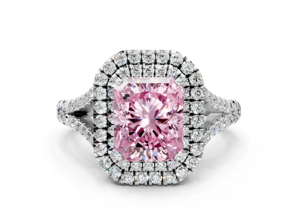 Fancy Pink Radiant Cut Cut Double Halo Split Shank Diamond Ring with Prong Setting Platinum