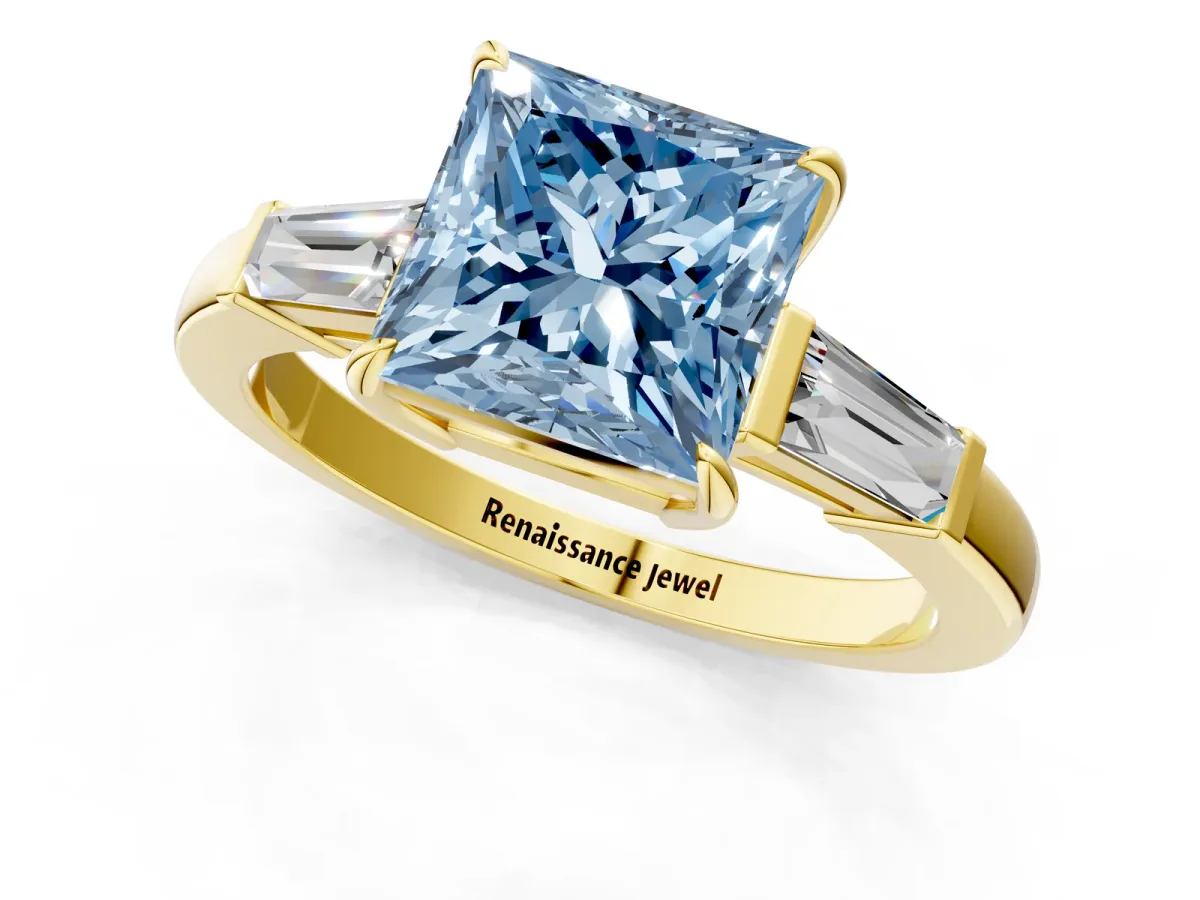 Fancy Blue Princess Cut Diamond Three-Stone Ring with Tapered Baguette Side Stones and Prong Setting Yellow gold