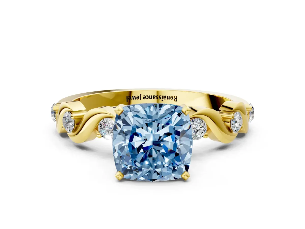Fancy Blue Cushion Cut Diamond Solitaire Twisted Band with Round Accents and Prong Setting Yellow gold