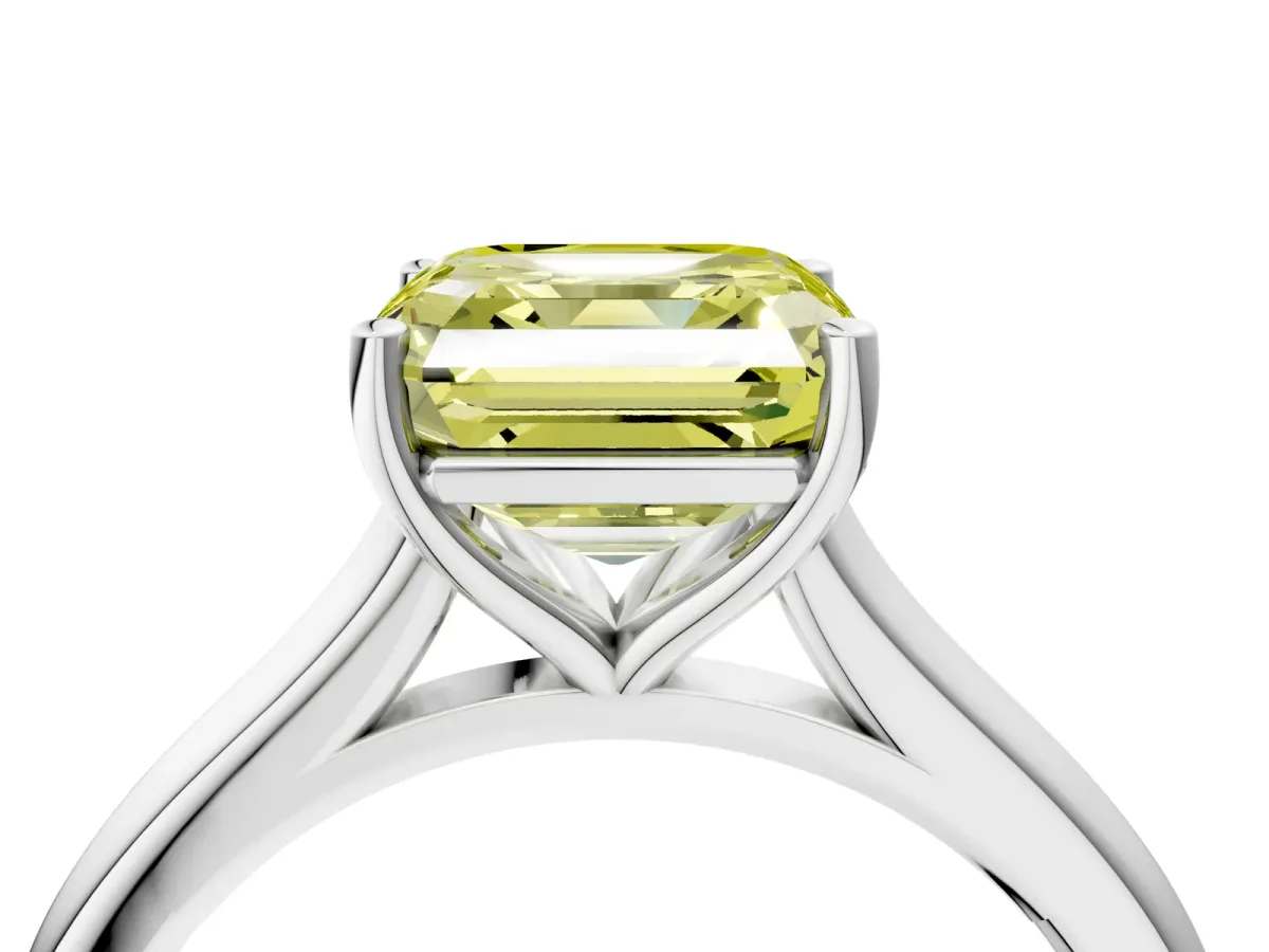 Fancy Yellow Asscher Cut Cut Solitaire Ring with Cathedral Band and Four-Prong Setting Platinum