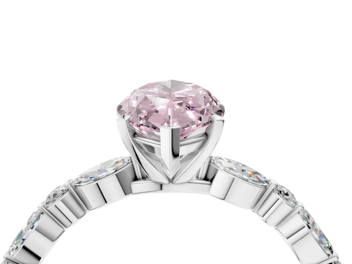 Fancy Pink Marquise Cut Diamond Ring with Marquise and Round Side Stones and Four-Prong Setting White gold