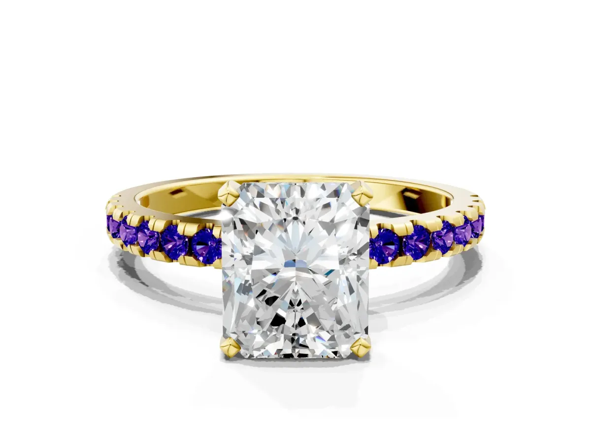 Radiant Cut Diamond Solitaire Ring with Round Tanzanite Pavé Band and Four-Prong Setting Yellow gold