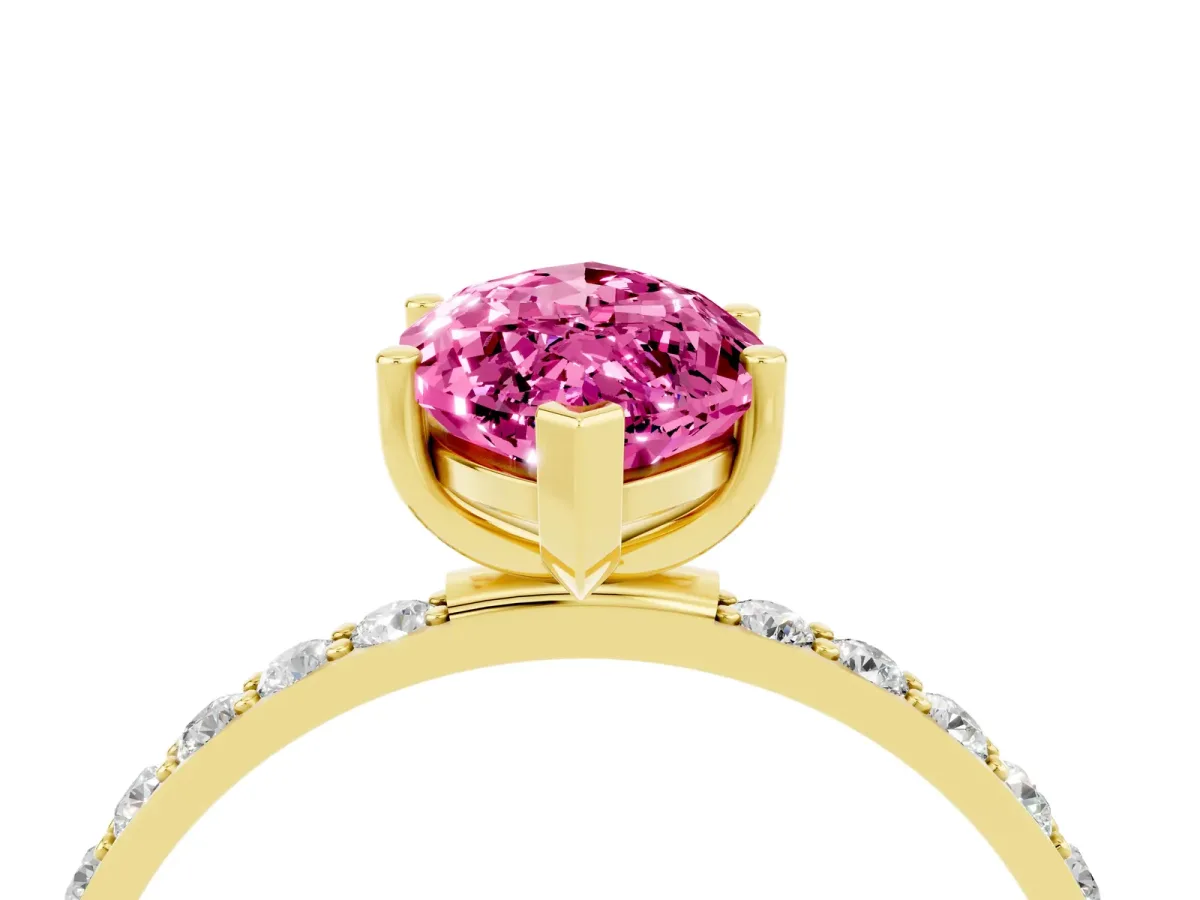 Marquise Cut Pink Sapphire Solitaire Ring with Round Pavé Band and Prong Setting Yellow gold