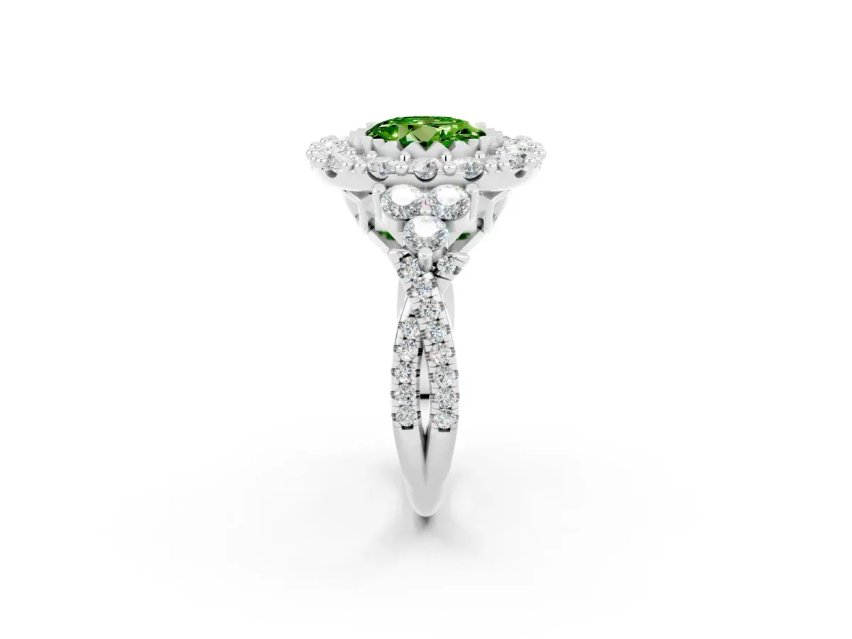 Round Cut Peridot Halo Ring with Pavé Band and Four-Prong Setting Silver