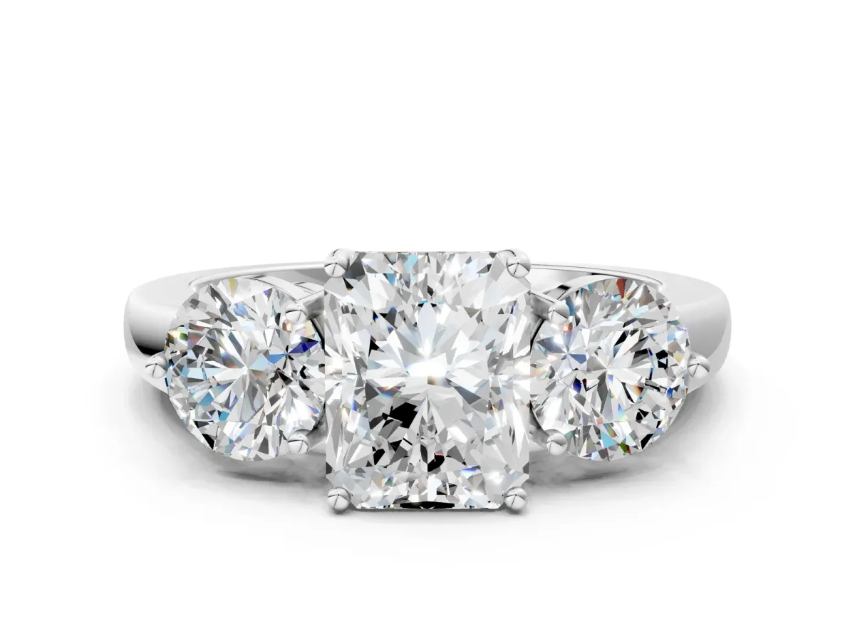 Radiant Cut Diamond Three-Stone Ring with Prong Setting and Classic Band Platinum