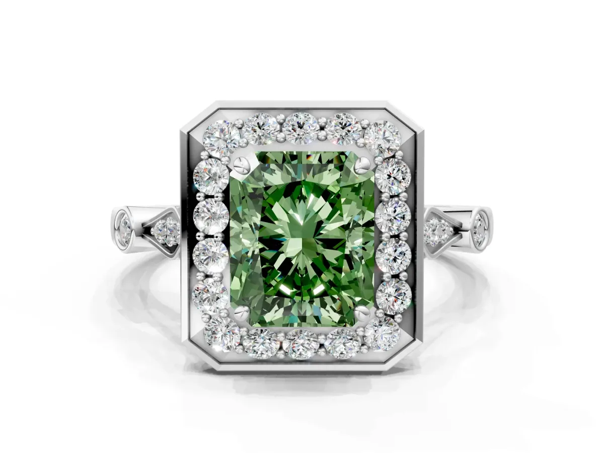 Fancy Green Radiant Cut Halo Diamond Engagement Ring with Twisted Band and Four-Prong Setting Platinum