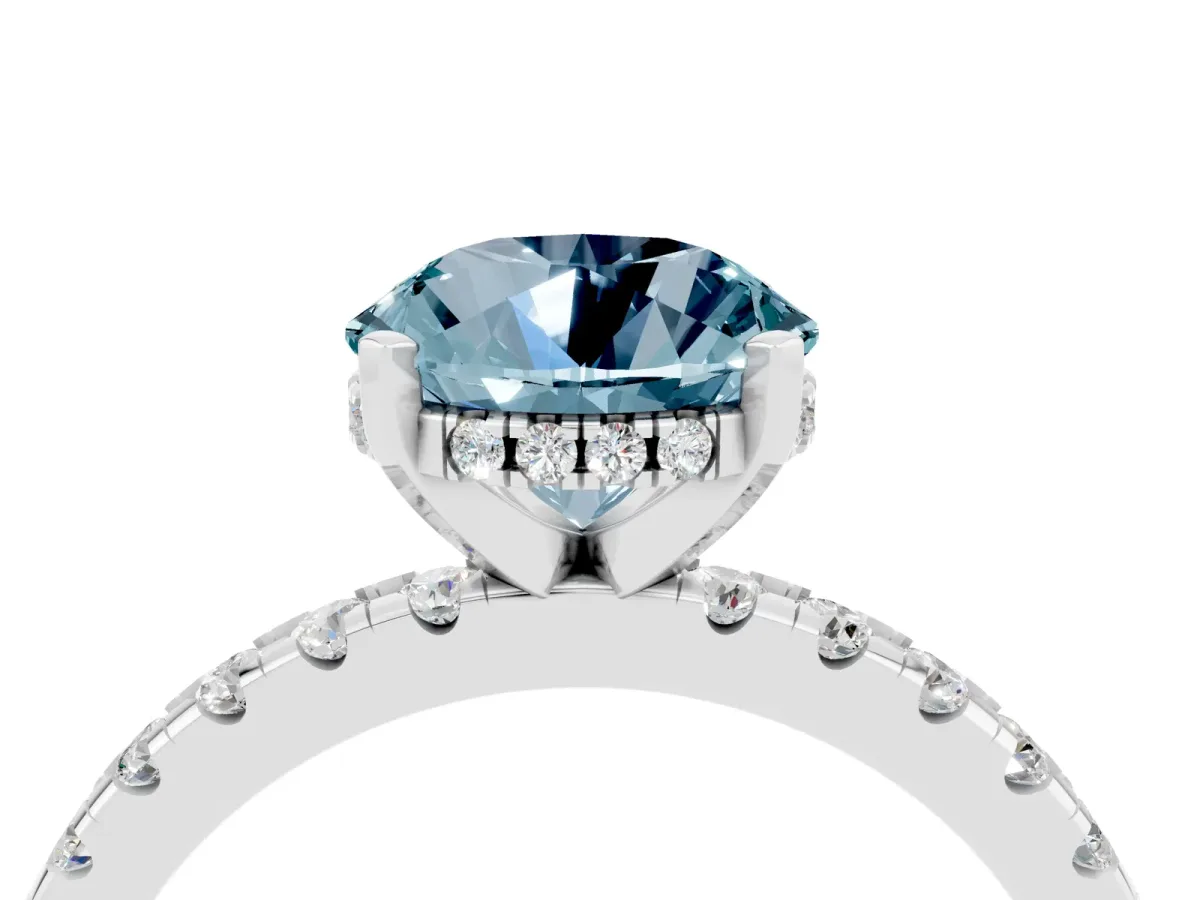 Round Cut Aquamarine Solitaire Ring with Round Pavé Band and Four-Prong Setting White gold